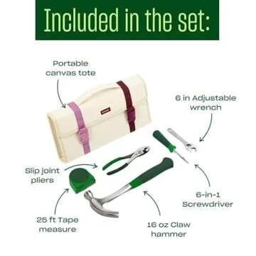 Character The 5-Piece Tool Set for Home, Compact & Portable Tool Kit in a Natural Canvas Storage Bag, with Hammer, Screwdriver, Wrench and Pliers, Wine (Red)