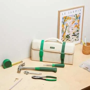 Character The 5-Piece Tool Set for Home, Compact & Portable Tool Kit in a Natural Canvas Storage Bag, with Hammer, Screwdriver, Wrench and Pliers, Wine (Red)