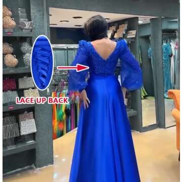 Women's Long Sleeve Sequin Prom Dresses with Slit V Neck Formal Evening Party Gowns Puffy Sleeve Pri...