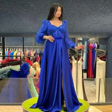 Women's Long Sleeve Sequin Prom Dresses with Slit V Neck Formal Evening Party Gowns Puffy Sleeve Princess Dresses Champagne 14