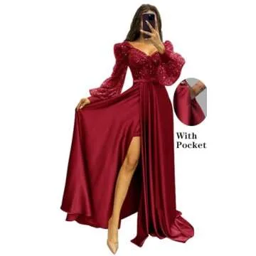 Women's Long Sleeve Sequin Prom Dresses with Slit V Neck Formal Evening Party Gowns Puffy Sleeve Princess Dresses Champagne 14