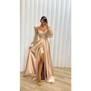 Women's Long Sleeve Sequin Prom Dresses with Slit V Neck Formal Evening Party Gowns Puffy Sleeve Princess Dresses Champagne 14