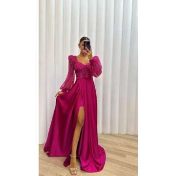 Women's Long Sleeve Sequin Prom Dresses with Slit V Neck Formal Evening Party Gowns Puffy Sleeve Princess Dresses Champagne 14