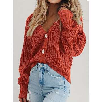 PRETTYGARDEN Women's Long Sleeve Plain Button Down Sweater Classic V-Neck Knit Cardigan Open Loose Outwear Coats (Rust Red,Small)