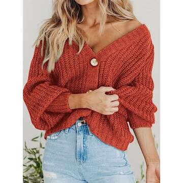 PRETTYGARDEN Women's Long Sleeve Plain Button Down Sweater Classic V-Neck Knit Cardigan Open Loose Outwear Coats (Rust Red,Small)
