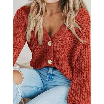 PRETTYGARDEN Women's Long Sleeve Plain Button Down Sweater Classic V-Neck Knit Cardigan Open Loose Outwear Coats (Rust Red,Small)