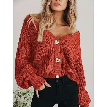PRETTYGARDEN Women's Long Sleeve Plain Button Down Sweater Classic V-Neck Knit Cardigan Open Loose Outwear Coats (Rust Red,Small)