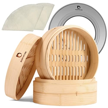 Bamboo Steamer Basket - 10 Inch Natural Bamboo Steamer with Ring Set for Cooking Dim Sum & Bao Buns