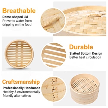 Bamboo Steamer Basket - 2-Tier Dumpling Steamer 10 Inch