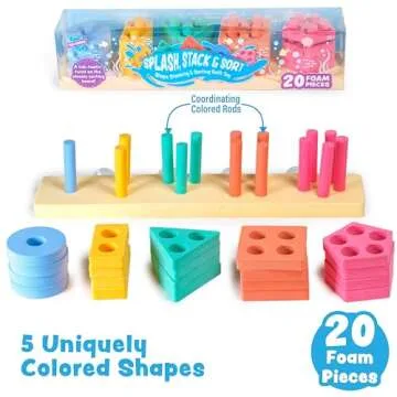Tub Works® Splash, Stack & Sort™ Shape Sorter & Stacking Toddler Bath Toy | 20 Foam Pieces | Color Sorting & Shape Stacking Kids Bath Toys | Floats & Sticks to Tub Walls | Early Learning Bathtub Toys