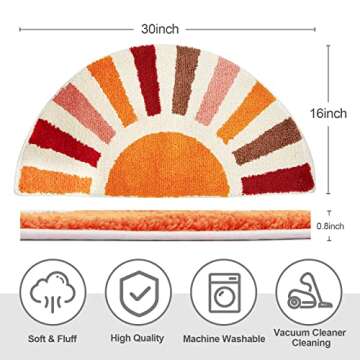 Foeacry Retro Sun Bath Mat Non-Slip Half Circle Colorful Boho Rug for Bathroom, Soft Fluffy Water Absorbent Fiber Bathroom Mat, Cute Semi Round Rainbow Bath Rug for Shower Room