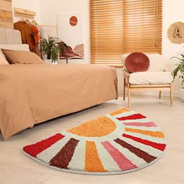 Foeacry Retro Sun Bath Mat Non-Slip Half Circle Colorful Boho Rug for Bathroom, Soft Fluffy Water Absorbent Fiber Bathroom Mat, Cute Semi Round Rainbow Bath Rug for Shower Room