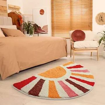 Foeacry Retro Sun Bath Mat Non-Slip Half Circle Colorful Boho Rug for Bathroom, Soft Fluffy Water Absorbent Fiber Bathroom Mat, Cute Semi Round Rainbow Bath Rug for Shower Room