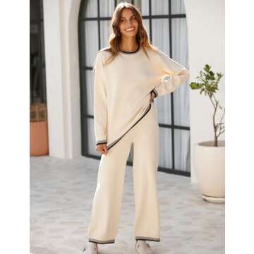 Lentta Women's 2 Piece Sweater Sets Outfits Long Sleeve Knit Pullover Tops Wide Leg Pants Lounge Sets Tracksuits(Beige-S)