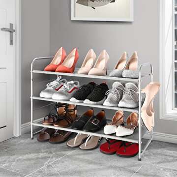 Simple Trending 3-Tier Stackable Shoe Rack, Expandable & Adjustable Fabric Shoe Shelf Storage Organizer,Silver