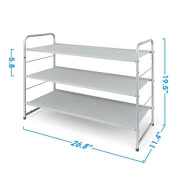 Simple Trending 3-Tier Stackable Shoe Rack, Expandable & Adjustable Fabric Shoe Shelf Storage Organizer,Silver