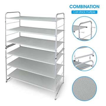 Simple Trending 3-Tier Stackable Shoe Rack, Expandable & Adjustable Fabric Shoe Shelf Storage Organizer,Silver