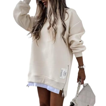 CHICME BEST SHOPPING DEALS Women Oversized Sweatshirt Zipper Slit Long Sleeve Pullover Top Fall Outf...