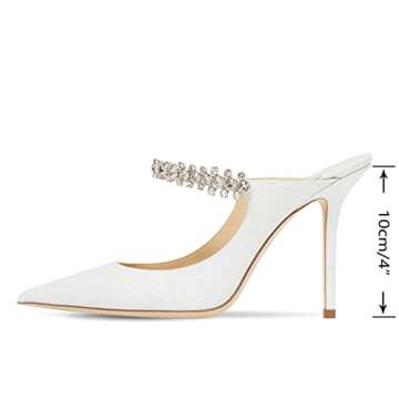 MIRAAZZURRA Women Heeled Mules Rhinestone Strappy Pointed Toe Mules Glitter Stiletto High Heels Slip On Bridal Sandals for Women US Size 8 White