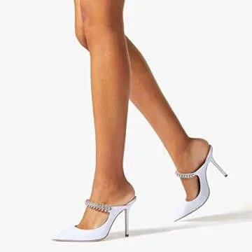 MIRAAZZURRA Women Heeled Mules Rhinestone Strappy Pointed Toe Mules Glitter Stiletto High Heels Slip On Bridal Sandals for Women US Size 8 White