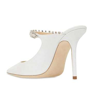 MIRAAZZURRA Women Heeled Mules Rhinestone Strappy Pointed Toe Mules Glitter Stiletto High Heels Slip On Bridal Sandals for Women US Size 8 White
