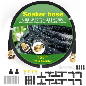 HZYOUMU Soaker Hose with Solid Brass Connectors 150 FT for Garden Beds 1/2 Inch Rubber Longer Lastin...