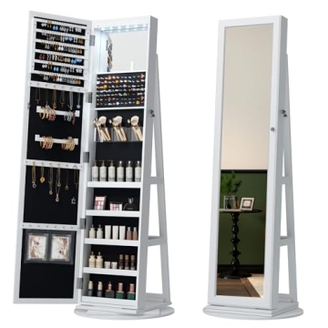 LVSOMT LED Mirror Jewelry Cabinet - 360° Swivel Organizer & Farmhouse Storage