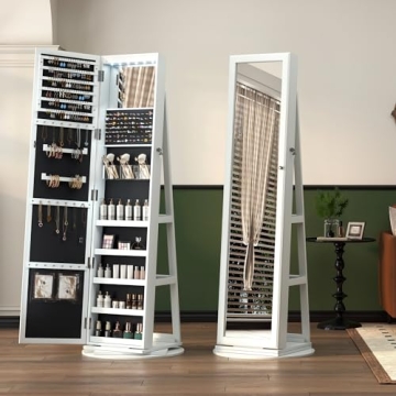 LVSOMT LED Mirror Jewelry Cabinet 360 Swivel Organizer