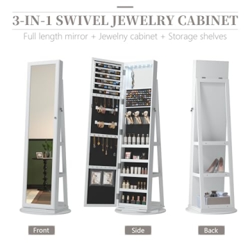 LVSOMT LED Mirror Jewelry Cabinet 360 Swivel Organizer
