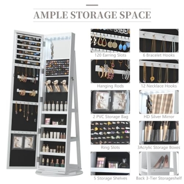 LVSOMT LED Mirror Jewelry Cabinet 360 Swivel Organizer