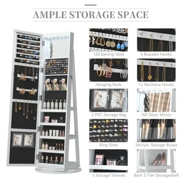 LVSOMT LED Mirror Jewelry Cabinet 360 Swivel Organizer