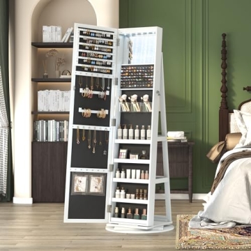 LVSOMT LED Mirror Jewelry Cabinet 360 Swivel Organizer