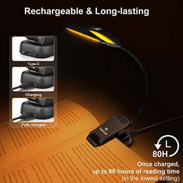 Vekkia 14 LED Rechargeable Amber Book Light for Reading at Night, Eye-Care Reading Light for Books in Bed, 180° Adjustable, Clip on Lamp, 3 Color Temperatures, Lightweight, Present for Reader