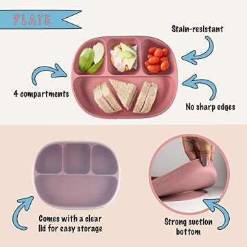 Littlesol Baby Led Weaning Supplies - Complete Silicone Baby Feeding Set - Plate, Spoon, Fork, Bib, Bowl, Cup - Food Grade BPA Free - Dishwasher Safe