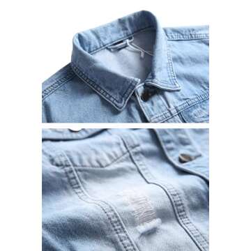 BULUWIE Jean Jacket For Men, Men's Fashion Denim Jacket Washed Classic Casual Distressed Ripped Slim Fit Trucker Jacket，M820 Light Blue L