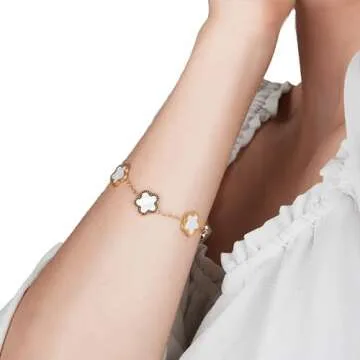 PRIMATORIA 5 Leaf Clover Bracelet for Women 18K Gold Plated Stainless Steel Lucky Five Leaf Link Bracelet Jewelry Gift for Her (White Gold)