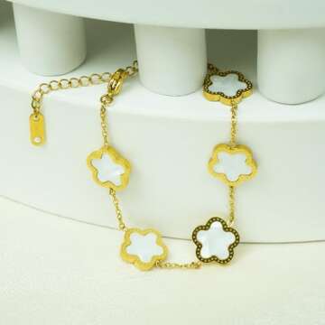 PRIMATORIA 5 Leaf Clover Bracelet for Women 18K Gold Plated Stainless Steel Lucky Five Leaf Link Bracelet Jewelry Gift for Her (White Gold)