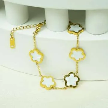 PRIMATORIA 5 Leaf Clover Bracelet for Women 18K Gold Plated Stainless Steel Lucky Five Leaf Link Bracelet Jewelry Gift for Her (White Gold)