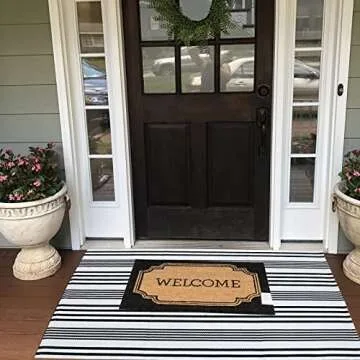 Black and White Striped Outdoor Rug Front Porch Rug 27.5"x43" Cotton Hand-Woven Welcome Mats Layered...
