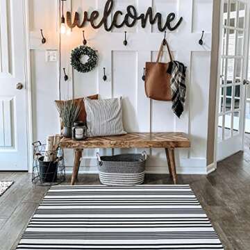 Black and White Striped Outdoor Rug Front Porch Rug 27.5"x43" Cotton Hand-Woven Welcome Mats Layered Door Mats for Front Porch/Entryway/Laundry Room/Bedroom/Outdoor (27.5"x43")