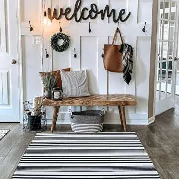 Black and White Striped Outdoor Rug Front Porch Rug 27.5"x43" Cotton Hand-Woven Welcome Mats Layered Door Mats for Front Porch/Entryway/Laundry Room/Bedroom/Outdoor (27.5"x43")