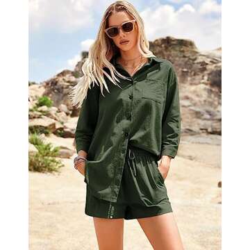 ELESOL Womens Cotton Linen Sets 2 Piece Tracksuit Button Down 3/4 Sleeve Shirt and Shorts Set Summer Beach Outfits Sets