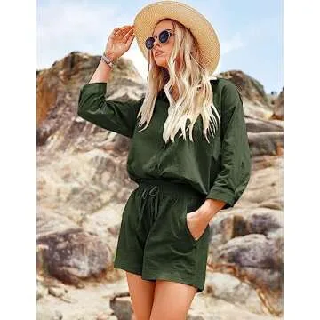 ELESOL Womens Cotton Linen Sets 2 Piece Tracksuit Button Down 3/4 Sleeve Shirt and Shorts Set Summer Beach Outfits Sets
