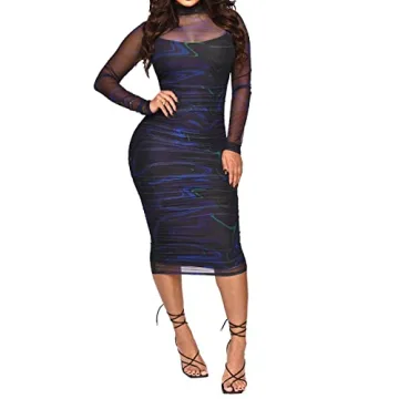 Uni Clau Women Sexy Long Sleeve Printed Sheer Mesh Bodycon Dress - Night Club Party Outfit