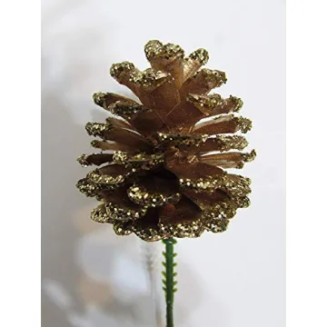 Gold Glitter Pinecones with Floral Picks - Set of 12