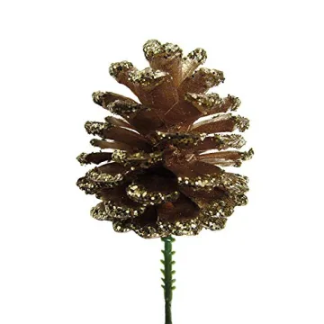 Gold Glitter Pinecones with Floral Picks - Set of 12