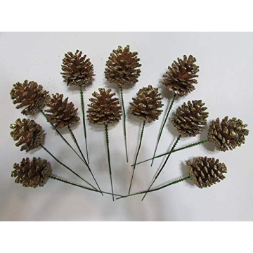 Gold Glitter Pinecones with Floral Picks - Set of 12