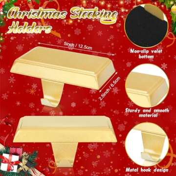 Zhengmy Christmas Stocking Holders for Mantle Weighted Stocking Holder Fireplace Hangers for Xmas Holiday Party Decoration(4 Pcs,Gold)