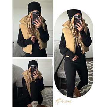 Athlisan Womens Cropped Puffer Vest Zip Up Stand Collar Sleeveless Padded Crop Vests(Khaki-S)