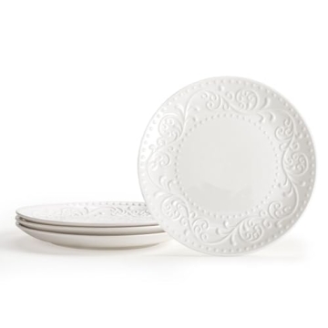 Artena Embossed Ceramic Salad Plates - Set of 4, 8.25 Inch White Dinner Plates for All Occasions